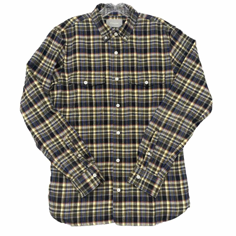 Everlane Shirt Mens M Brushed Flannel Black Blue Plaid Button Down Cotton‎